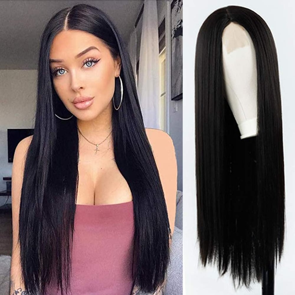 Black Synthetic Wig 30 Inch Straight Black Hair Wig 30 " New